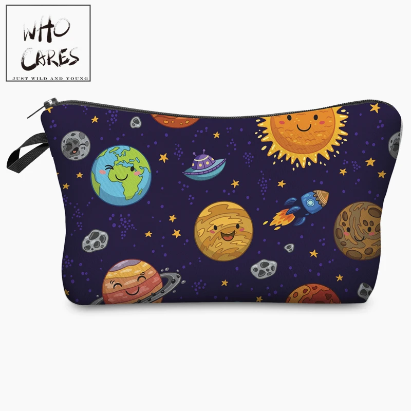 Kawaii Space Planet Funny Character 3D Print Cosmetic Bag 2018 Women Organizer Makeup Toiletry Bag with Zipper Neceser Trousse tweed zipper makeup bag with wristlet