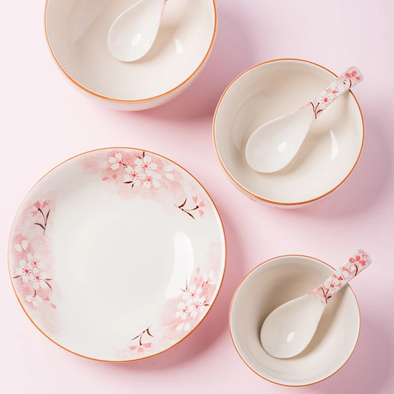 Pink Porcelain Plate Ceramic Dinner Dish Plate Rice Bowl Soup Plates Dinnerware Sets Tableware - Цвет: Розовый