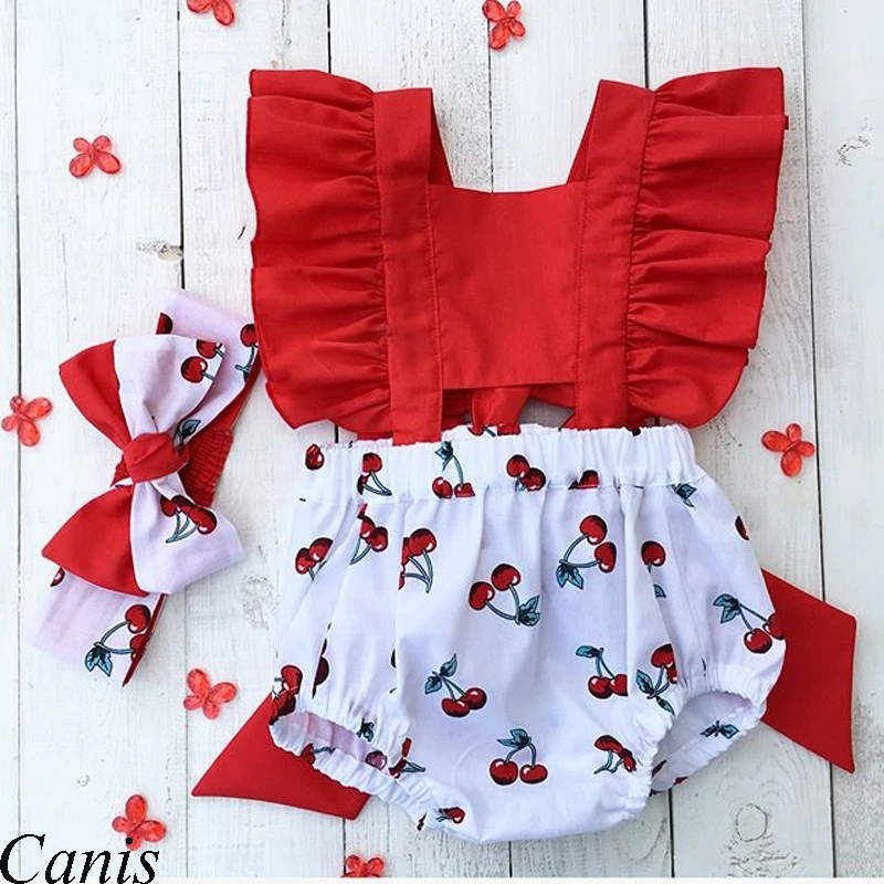 Baby Girl Ruffle Cherry Print Bodysuits Headband Outfits Set