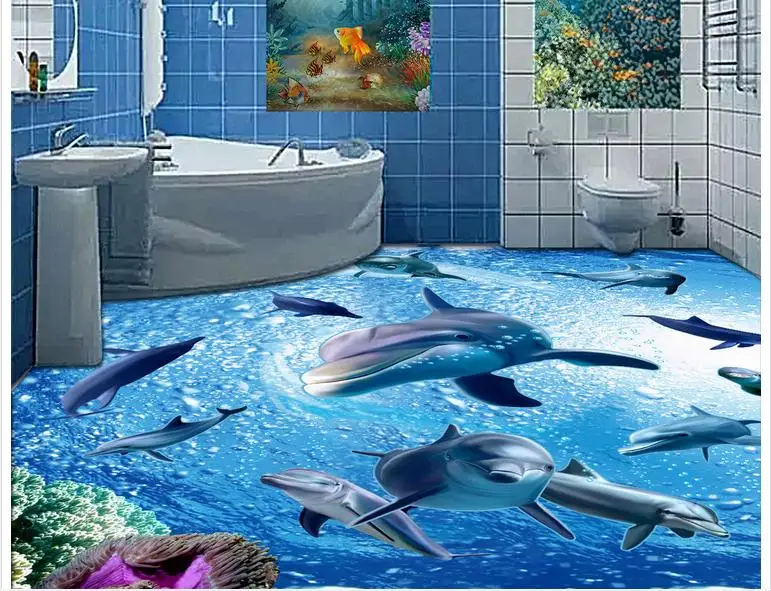

Customized 3d photo wallpaper 3d floor painting wallpaper 3 d bathroom floor is a group of dolphins 3 d living room decoration