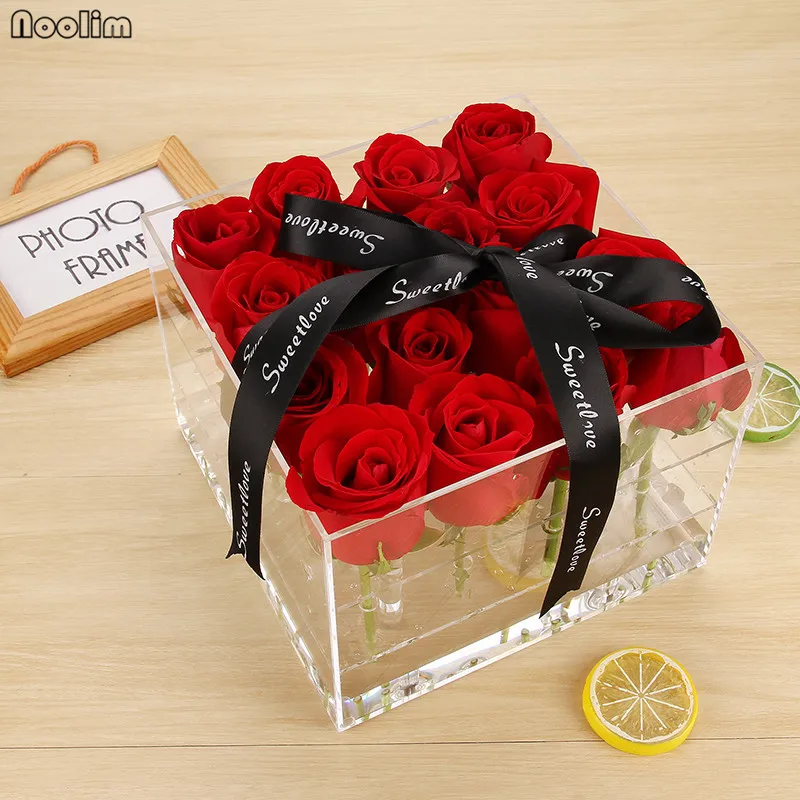 

NOOLIM Acrylic Rose Flower Display Storage Box Makeup Organizer Cosmetic Holder Flower Packing Gift Box Case With Cover