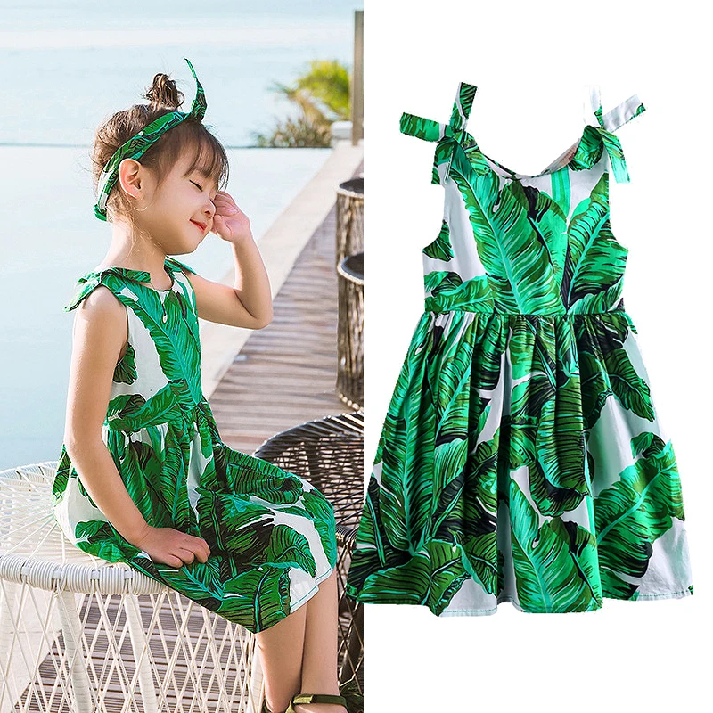 

Summer banana leaf 3D print sleeveless baby Girls strapped Dress kid suspender outwear Children vestidos Clothes 80-130cm