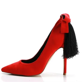 

New sexy pointed toe women pumps red suede embellished bow-tie and tassel thin high heels bridal wedding party prom shoes woman