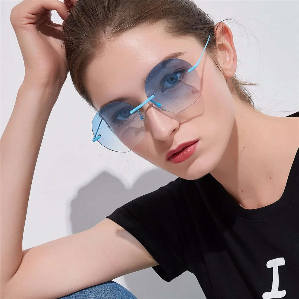 

YOOSKE Brand Rimless Round Sunglasses Women Sun glasses Oversized Vintage Retro Clear Blue Pink Glasses Metal Driving Eyewear