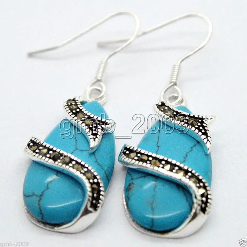 

Hot sell >best valentine's gift lady's 15*26mm blue Natural Stone 925 Sterling Silver Marcasite Earrings