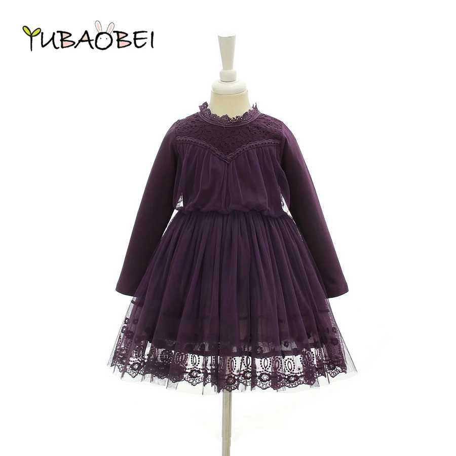 

Children's 2018 Aumtun Spring Noble Purple Quality Lace Dress Girls Wedding Party Baby Kids Blue Dress Big Child Clothing