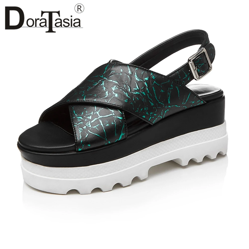 

DORATASIA 2019 Summer Fashion Youthful Mixed Color Sandals Women Genuine Leather Pleated Platform High Wedges Shoes Woman