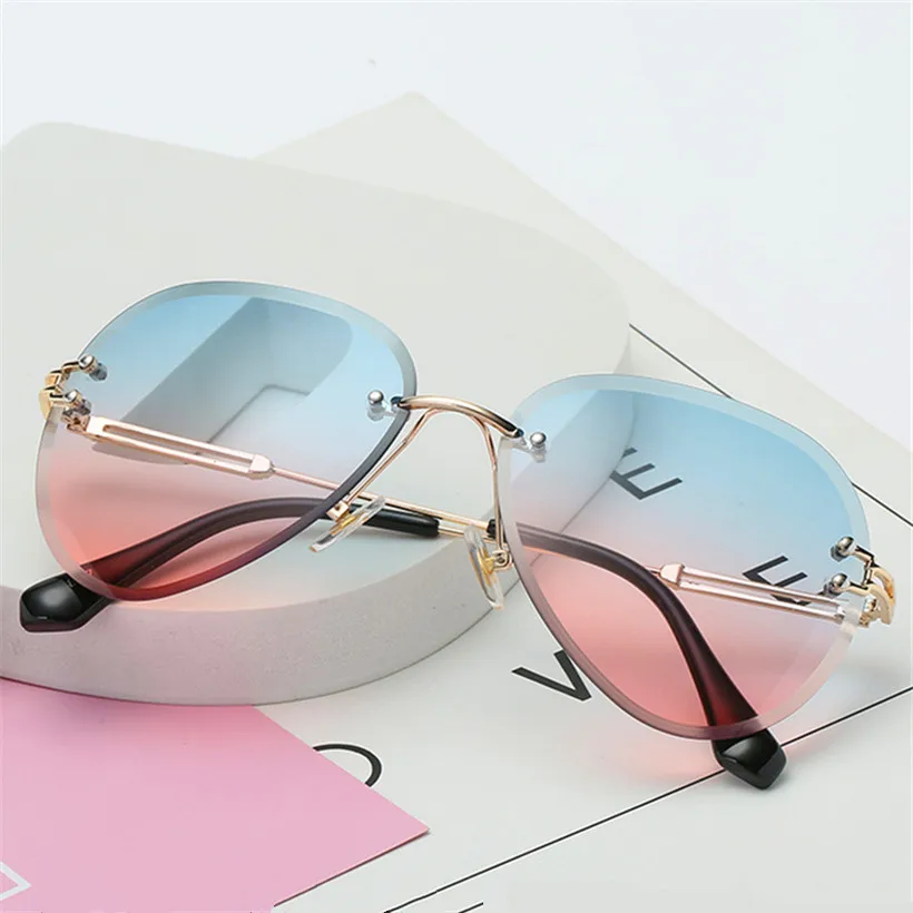 Blue pink Oulylan, солнцезащитные очки без оправы, женские, фирменный дизайн, солнцезащитные очки, градиентные оттенки, режущие линзы, женские, без оправы, металлические очки, UV400 - Цвет линз: Blue pink