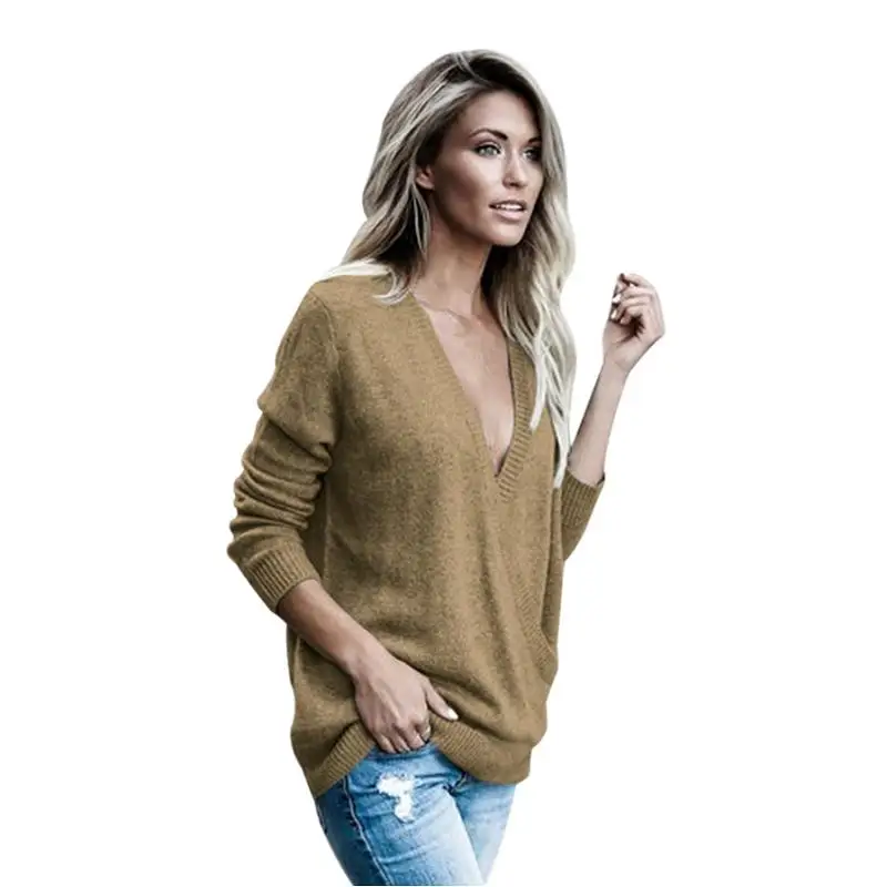 ADEWEL New 2017 Autumn Winter Sexy Deep V Neck Women Knitted Sweaters Blouse Ladies Casual Cross Front Loose Basic Sweater Tops (3)