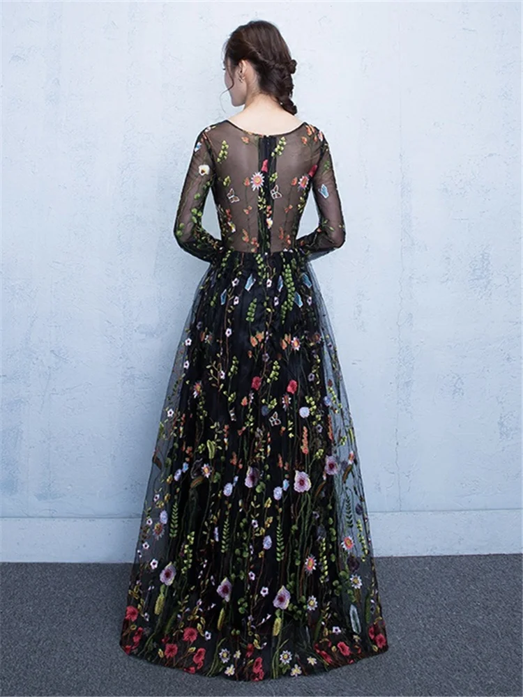 Это YiiYa новое черное цветочное с длинными рукавами иллюзионные Аппликации Элегантные вечерние платья на молнии вечерние платья в пол LX102