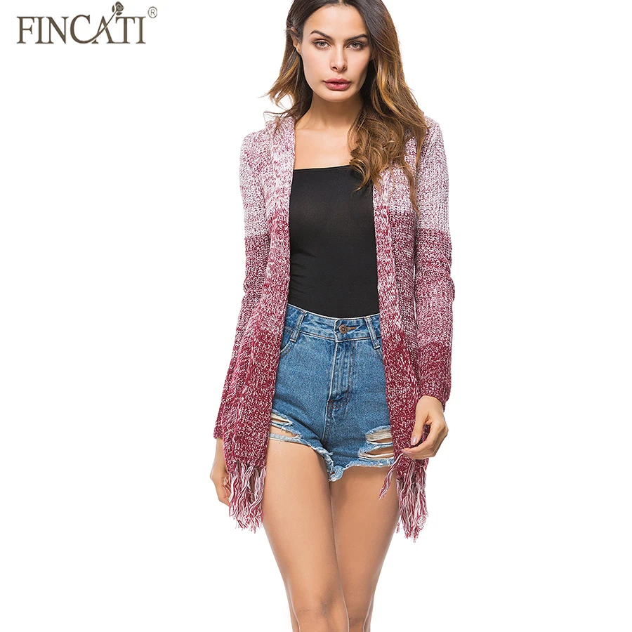 Women Cardigans Fincati 2018 Fashion Hooded Tassel Hem Knitted Open Stitch Gradient Color S-XL Oversize Sweater Coat |