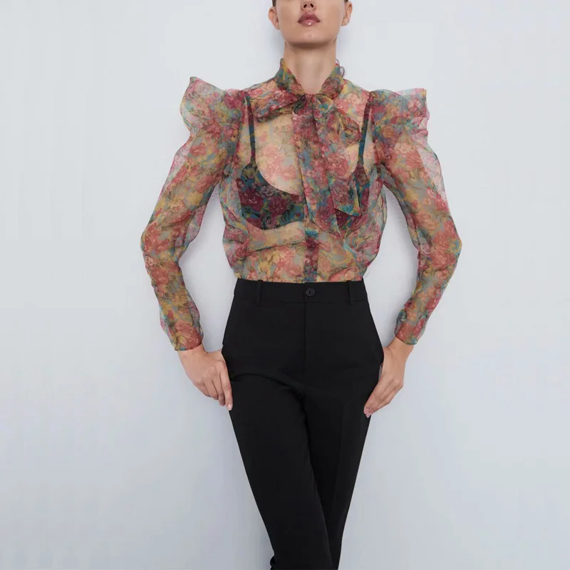

Summer women's shirt casual flower print bow decoration transparent mesh shirt