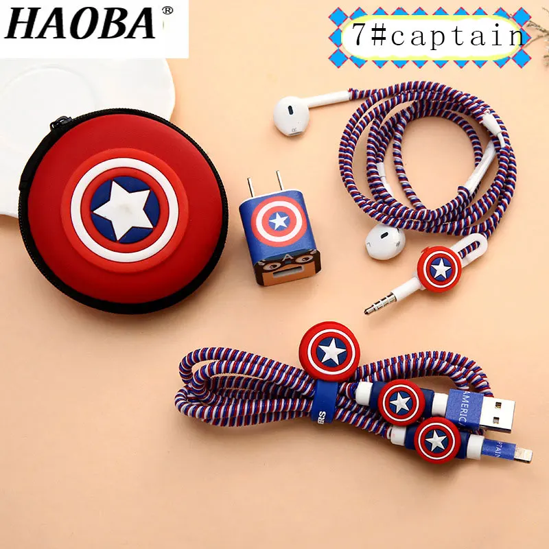 

New Cartoon USB Cable Earphone Protector Case Set With Cable Winder Stickers Spiral Cord Protector For iphone 5 6 6s 7plus