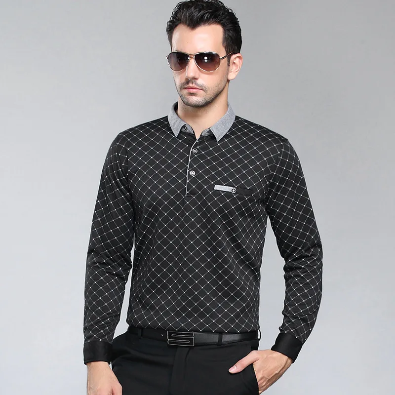 Весна-осень поло для мужчины высокого качества Мужская дышащая рубашка деловые повседневные Длинные рукава рубашки мужские хлопковые свободные поло 3XL - Цвет: Черный