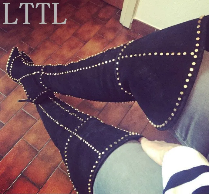 

Sexy Women Gold Rivets Motorcycle Boots Thigh High Long Boots Woman High Heel Black Deep Blue Wine Red Over The Knee Boots Woman