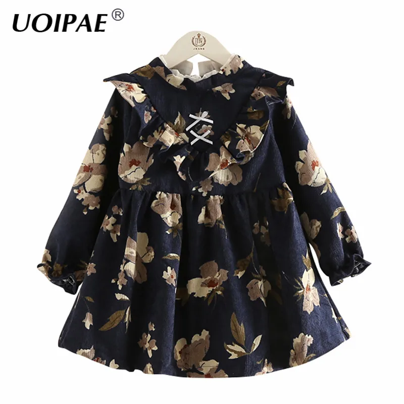 

UOIPAE Kids Girls Party Dress 2018 Autumn Fashion Flowers Printing Dress For Girls Long Sleeve Wood Ear Children Clothing B0895