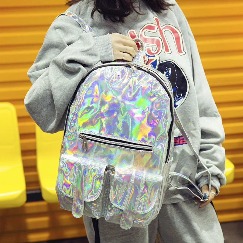Новая лазерная модная дорожная сумка, повседневный Одноцветный PU Рюкзак для колледжа, мужской и женский большой емкости, лазерный рюкзак
