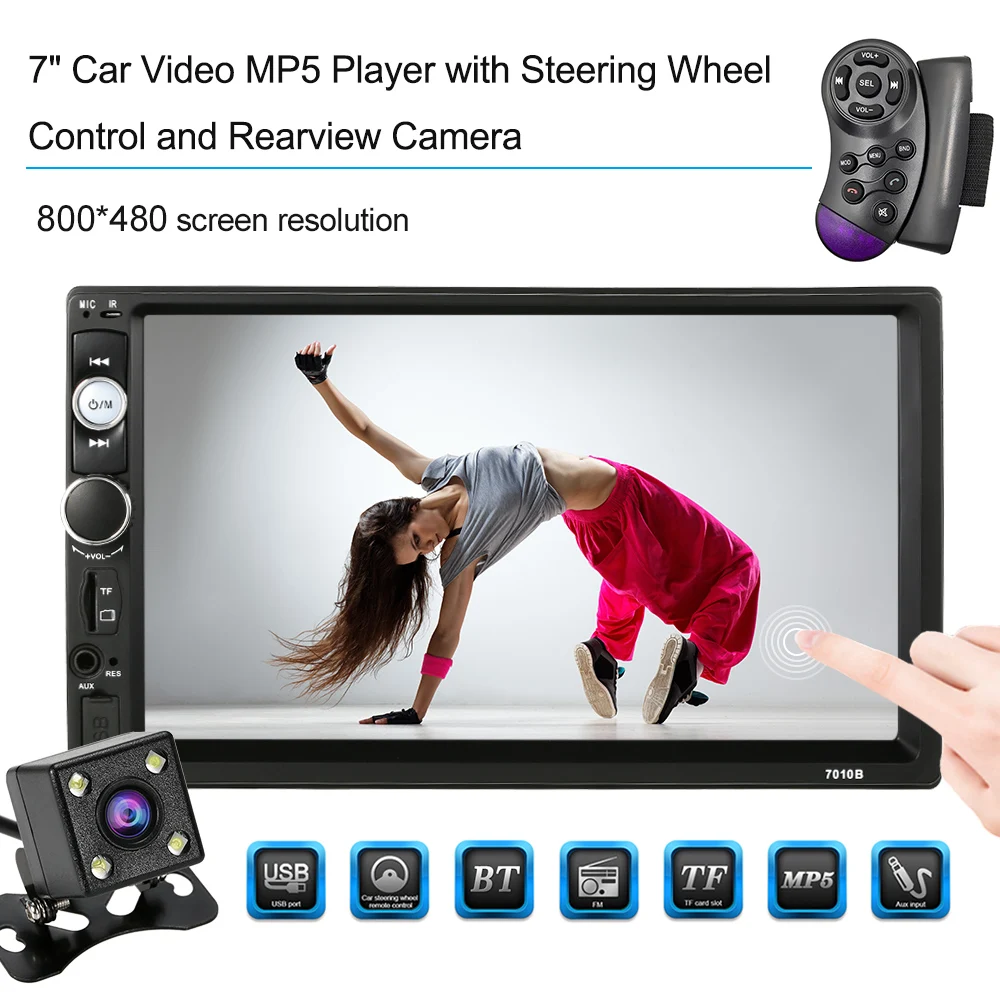 

KKmoon 2 Din HD Touch Screen Car Stereo Radio Player Steering Wheel Multimedia Entertainment System BT AM/FM Rear view camera