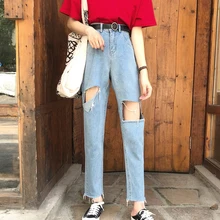 Джинсы трусики женщины Весна-осень Стиль Осень Новинка Повседневная отверстия новые тонкие прямые джинсы женские Y1515