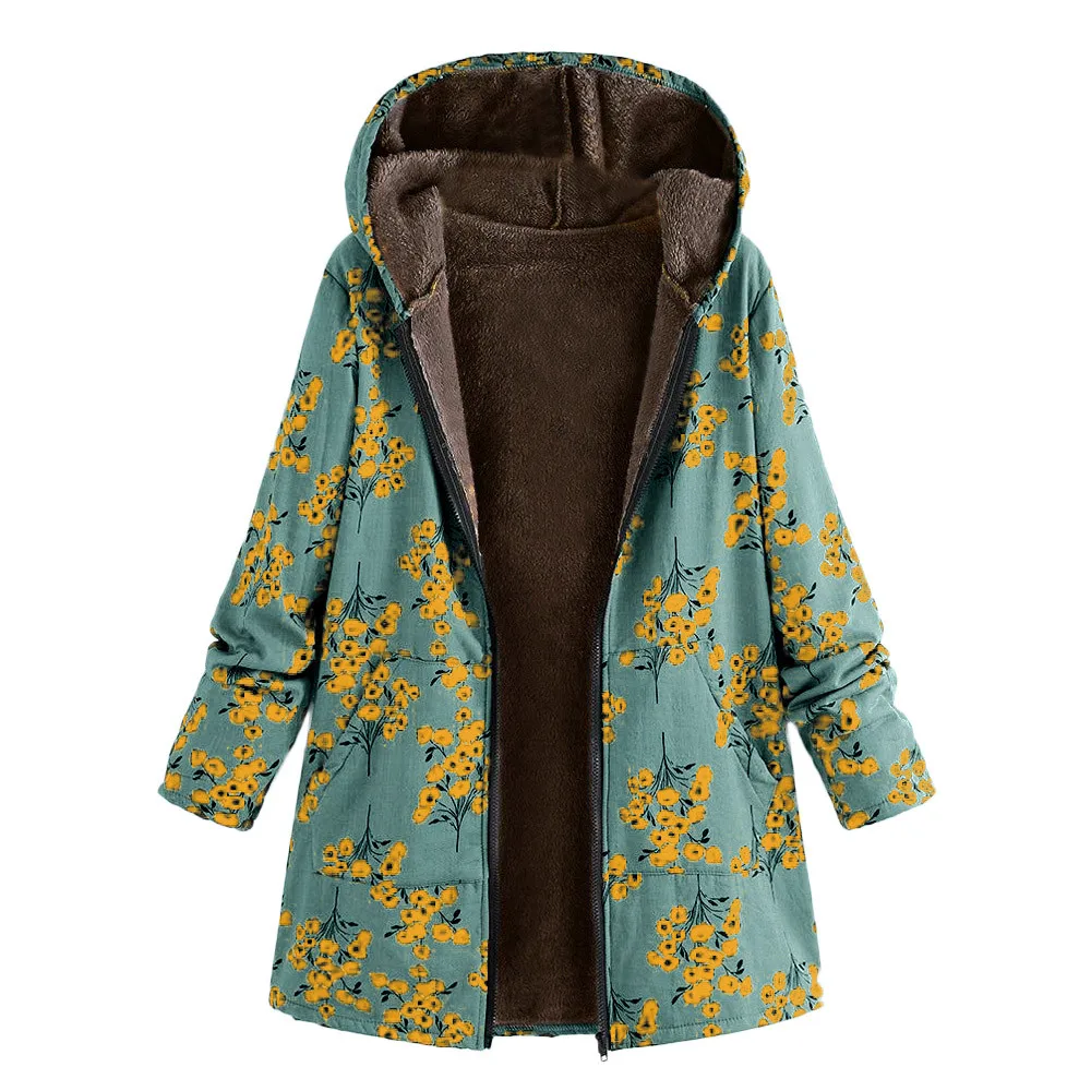 Женские верхняя одежда, длинное пальто женские Толщина зима теплая верхняя одежда Цветочный принт с капюшоном карманы Винтаж пальто оверсайз - Цвет: F