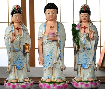 

China Pottery Colored Porcelain Kwan-yin Three saints of the West Buddha Statue