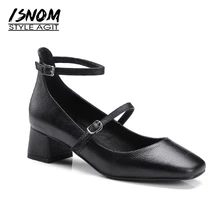 ISNOM 2018 Mary Jane Med Heels Women Pumps Spring Square Heel Ladies Shoes Square Toe Buckle Buckle Strap Cow Leather Footwear