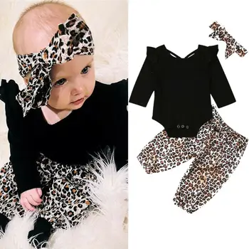 

Cute Toddler Kids Baby Girls Clothes Long Sleeve Solid Romper+Leopard Trousers +Headband 3pcs Outfits Set