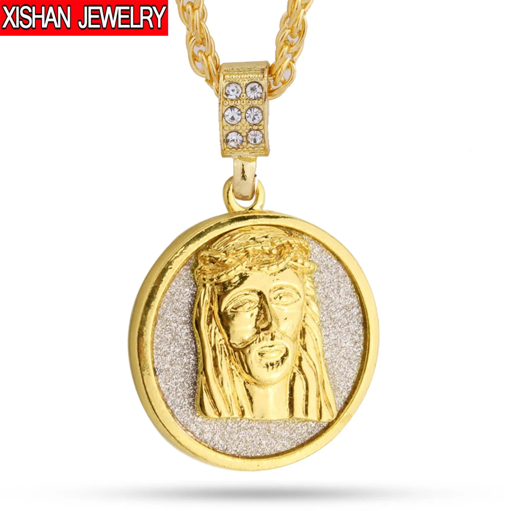 

Golden Circle Jesus Rhinestone Mini Jesus Decorative Pendant Necklace and Cuban Twisted Chain Necklace