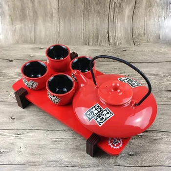 

Japanese style ceramics kung fu tea set creative red set teapot wedding supplies tea cup pot tray Chinese newlywed gift
