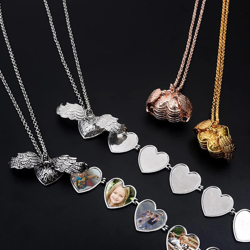 

Sale 5 Custom Made Photo Medallions Pendant Memory Floating Locket Necklace Angel Wings Flash Box Square Heart Box Necklaces