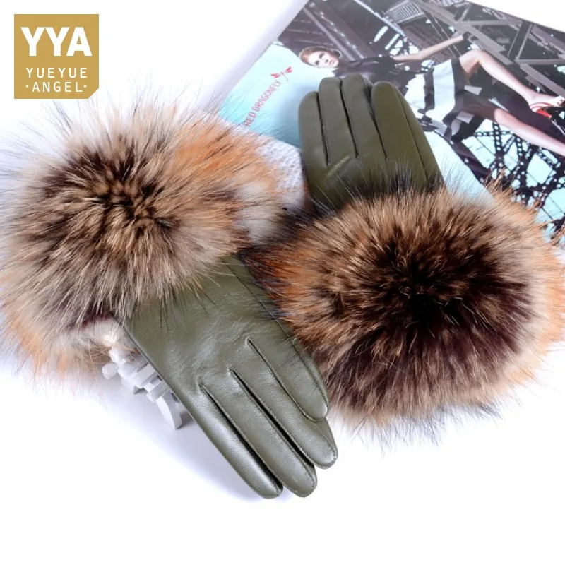 

New Women Genuine Leather Raccoon Fur Gloves Female 2019 Brand Winter Ladies Fashion Black Red Green Sheepskin Driving Gloves