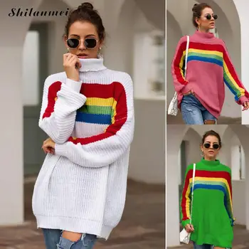 

Winter Sweaters Women 2019 Fashion Rainbow Turtleneck Long Sleeve Knitting Pullovers Stripe Streetwear Long Women's Sweater Tops