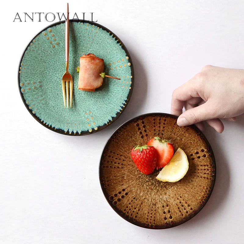 

ANTOWALL Creative Ceramic Tableware Japanese Retro Sushi Dish Home Cold Dish Green BrownBone Plate Snacks Dish Fruit Small Dish