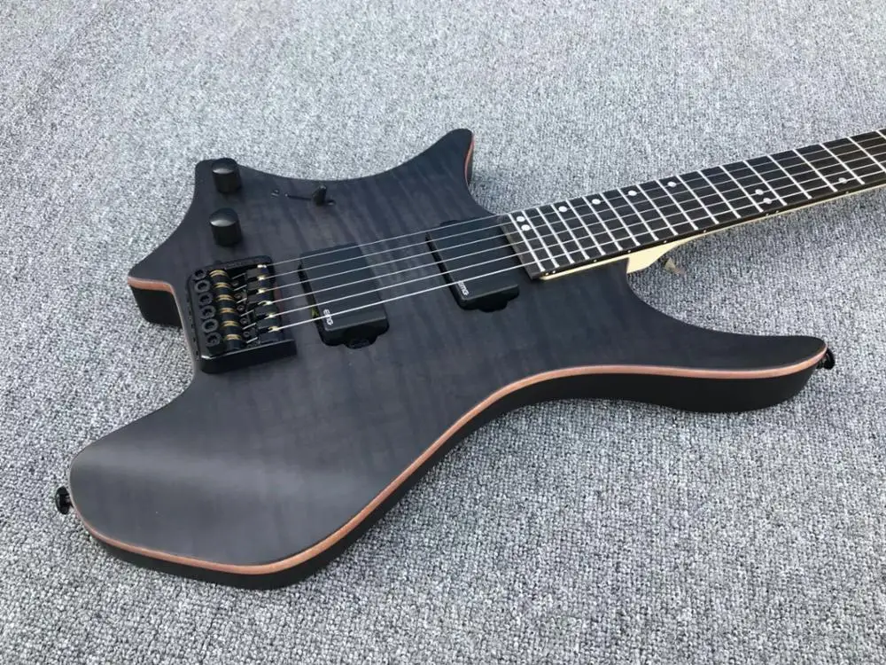 

free shipping EMG pickups black color headless guitar right hand left handed guitar Headless Electric Guitar with Flamed Maple