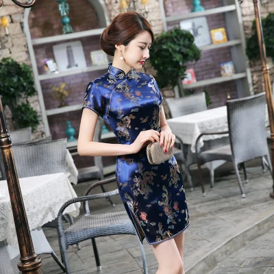 Vintage OLd Shanghai Dragon&Phoenix Qipao Elegant Women Cheongsam Oversize 6XL Mandarin Collar Sexy Short Chinese Dress Vestidos - Цвет: navy dragon phoenix