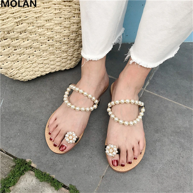 

MOLAN Brand Designers 2019 Summer Luxury String Bead Clip Toe Woman Flat Slides Slip On Loafers Mules Flip Flops For Beach 35-39