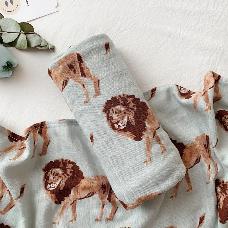 Comprar Muselina de dos capas de bambú + algodón Camel León elefante animal patrón bebé envoltura muselina swaddle recién nacido mantas gasa abrigo infantil