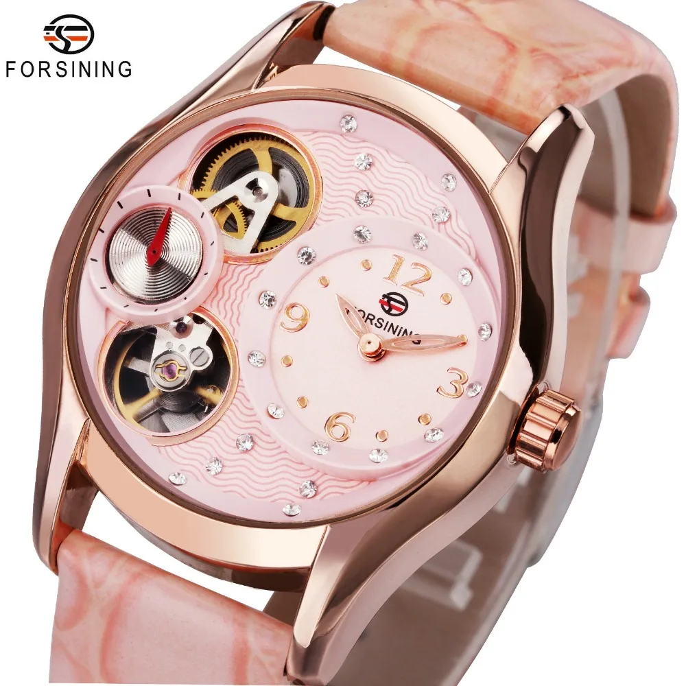 

Top Brand Luxury Women Mechanical Watches Pink Leather Strap Crystal Decoration Dial FORSINING Ladies Automatic Wristwatch