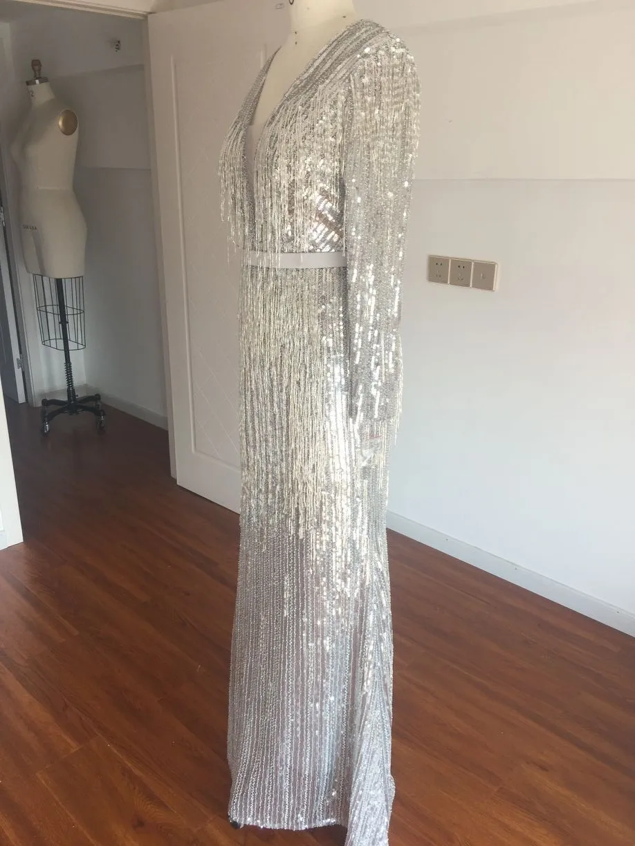 Дубай роскошное Русалка кисточкой длинный рукав с бисером вечерние платья 2018 новый элегантный сексуальное вечернее платье в наличии