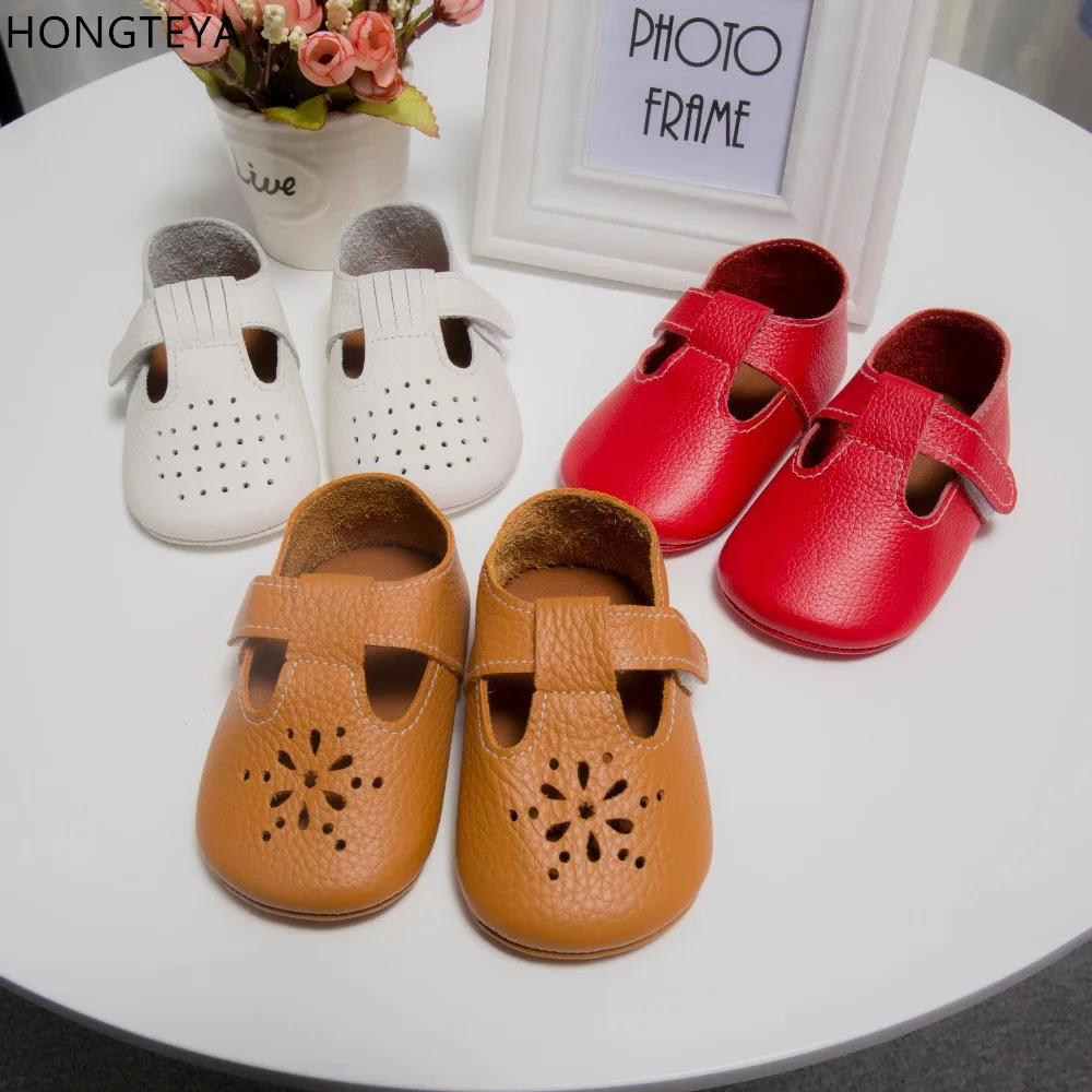 Hongteya на высоком каблуке с Т-образным ремешком с цветочным узором; летние туфли-лодочки из натуральной кожи детские мокасины мягкие детская обувь для девочек, которые делают первые шаги; анти-скольжения, детская обувь