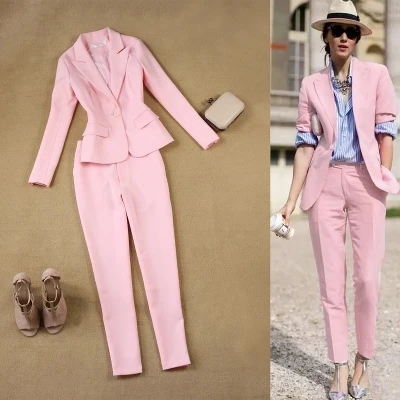 Модный костюм со штанами женский тонкий простой розовый костюм+ штаны с 9 точками костюм из двух предметов женский офисный женский костюм из органической кожи