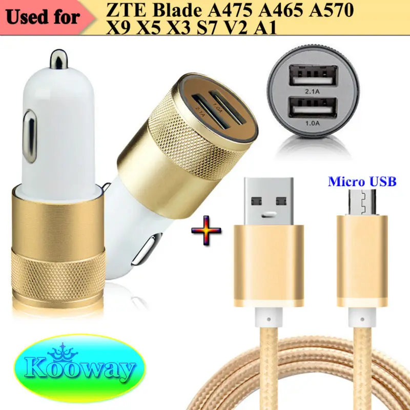 Dual USB Car Charger & Micro USB 2.0 Charging Data Cable for ZTE Blade S7 V2 A1 A475 A465 A570