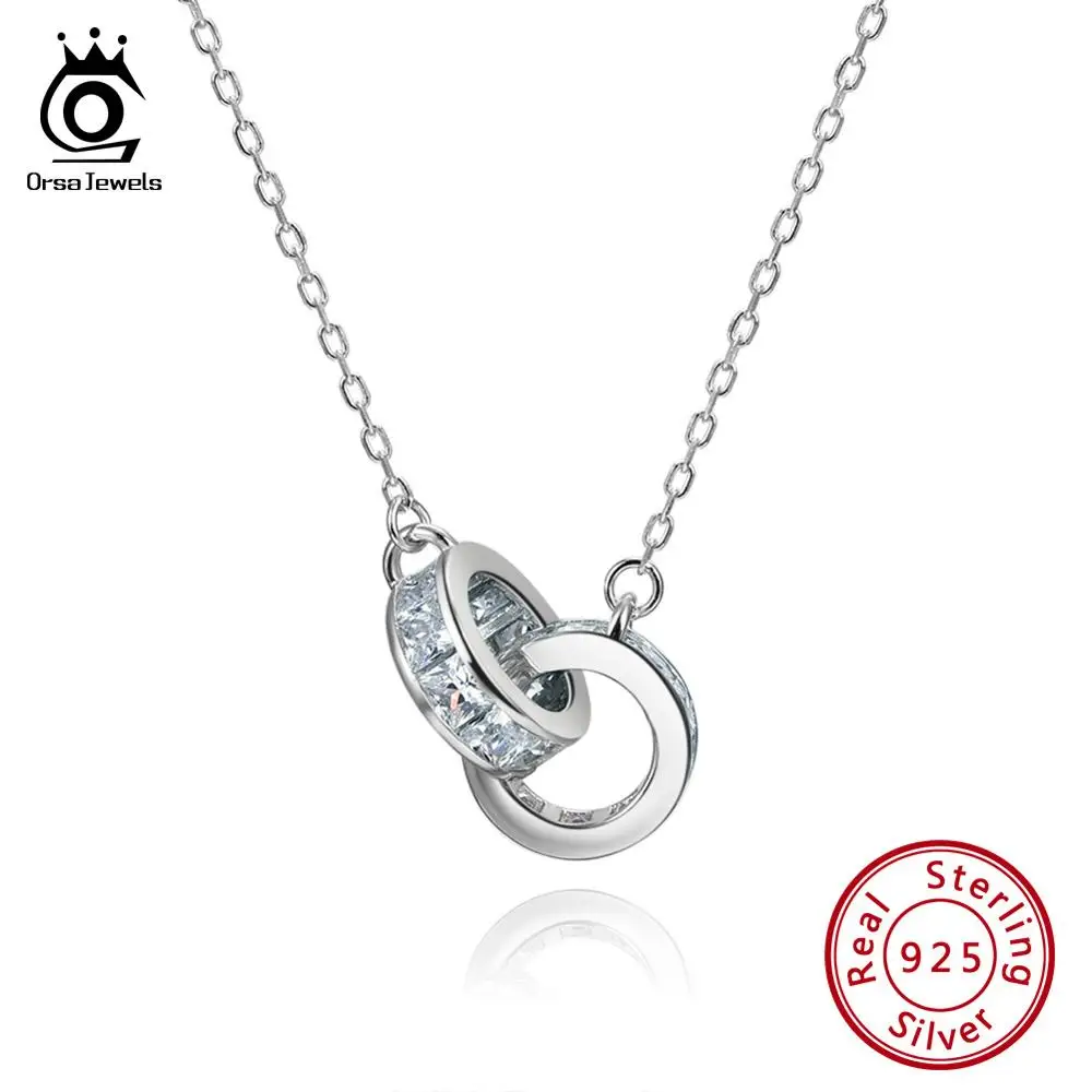 

ORSA JEWELS Real Silver 925 Pendant Necklace 2 Circle Locked With AAA CZ Round Pendant Women Silver Link Jewelry Gift OSN137