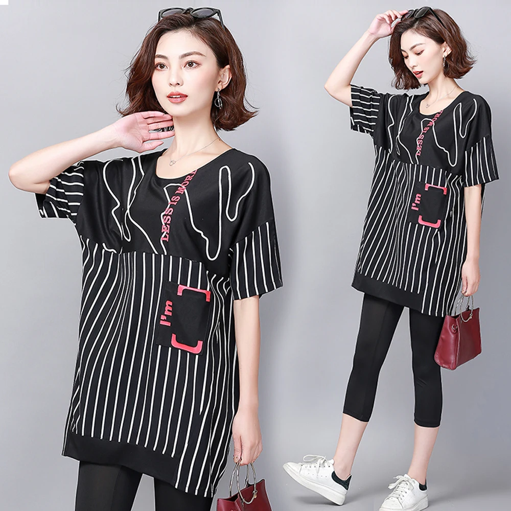 

Spring and Summer new style Large size women's suit Striped loose top + cropped trousers two-piece suit