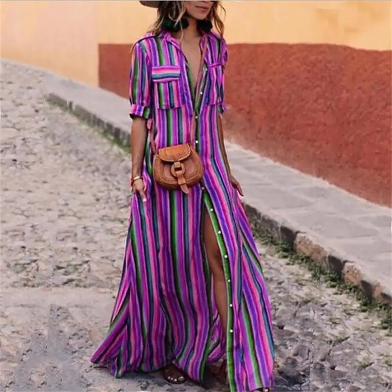 

9 colors 2019 New summer women maxi dress striped retro boho style long shirt dress party female elegant dress