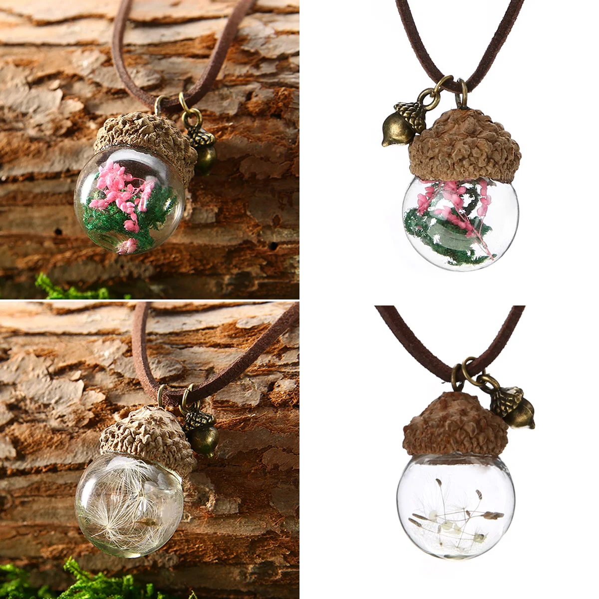 Fashion Crystal Glass Ball Acorn Necklace Shellhard Pinecone Dandelion Flower Pendant Necklace Vintage Jewelry Femme Bijoux