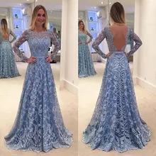 Elegante Blaue Langen Ärmeln Abendkleider 2016 Vestido De Festa sheer zurück spitze prom kleider