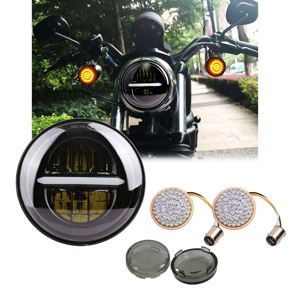 

5.75" 5 3/4 LED Black Headlight Motorcycle Projector + Smoked Bullet Front Turn Signal for Harley