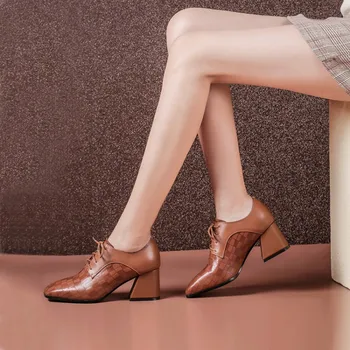 

MLJUESE 2018 women pumps cow leather lace up brown color pointed toe autumn spring high heels pumps lady shoes size 34-43