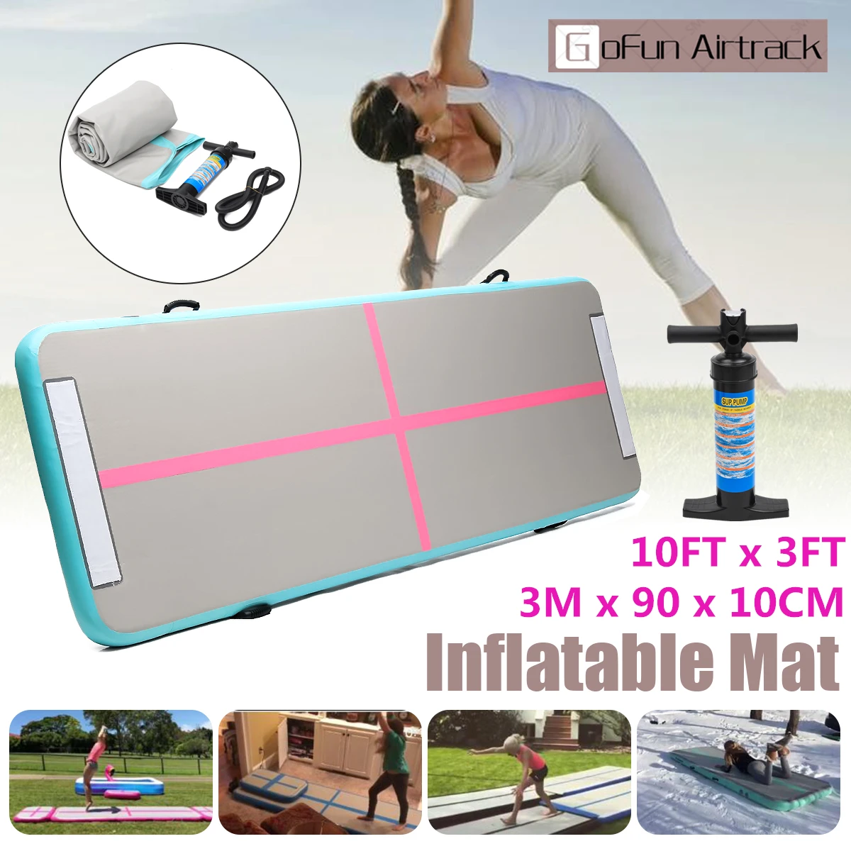 

GoFun 300x90x10cm AirTrack Inflatable Air Track Tumbling Floor Home Gymnastics Yoga Mat GYM with Manual pump